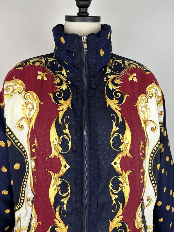 Chaqueta acolchada vintage años 90 para mujer pequeña relleno barroco lunares azul marino Foto 2 de 4