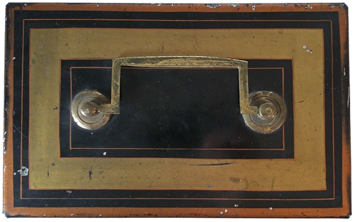 EARLY 20TH C ENGLISH ANTIQUE BLK/RED/GOLD ENML PNTD TIN TOLEWARE CASH BOX W/DRWR - Picture 7 of 15