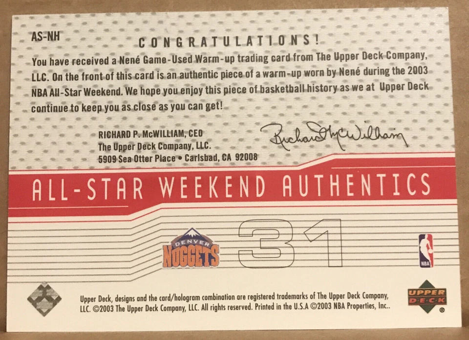 NENE 2003-04 Upper Deck All Star Weekend Warm Up Jersey Relic #AS-NH Nuggets - Image 2 of 2