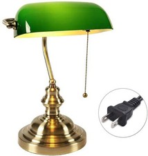 American Retro Banker Desk Lamp Pull Chain Switch Glass Light Satin Brass