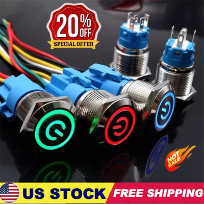 2PC Latching Push Button Power Switch 16mm 12V LED ON OFF Waterproof Stainless 