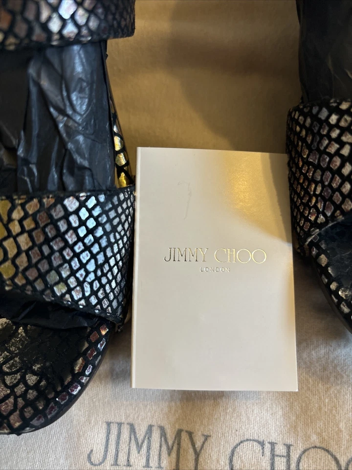Jimmy Choo Snake Embossed Mules Heels Sandals Wooden Platform Python Size 6.5 - Image 2 of 4