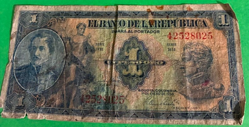 EL BANCO DE LA REPUBLICA COLOMBIA 1954 UN PESO ORO BANKNOTE