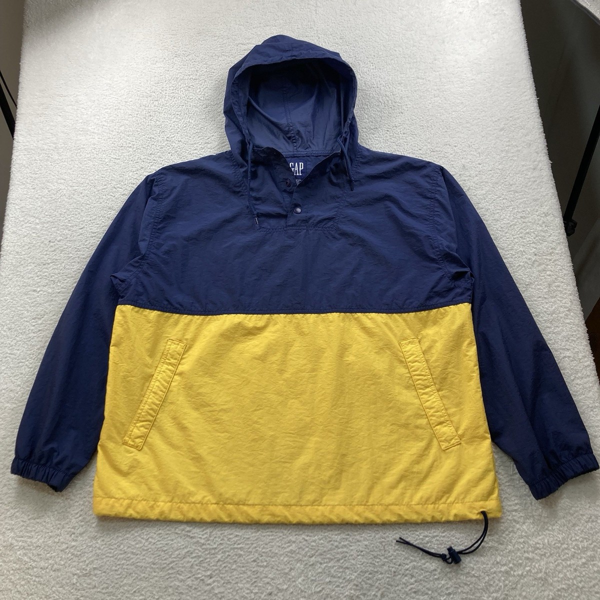 Vintage GAP Windbreaker Jacket Mens Medium Blue Yellow Hooded 1/4
