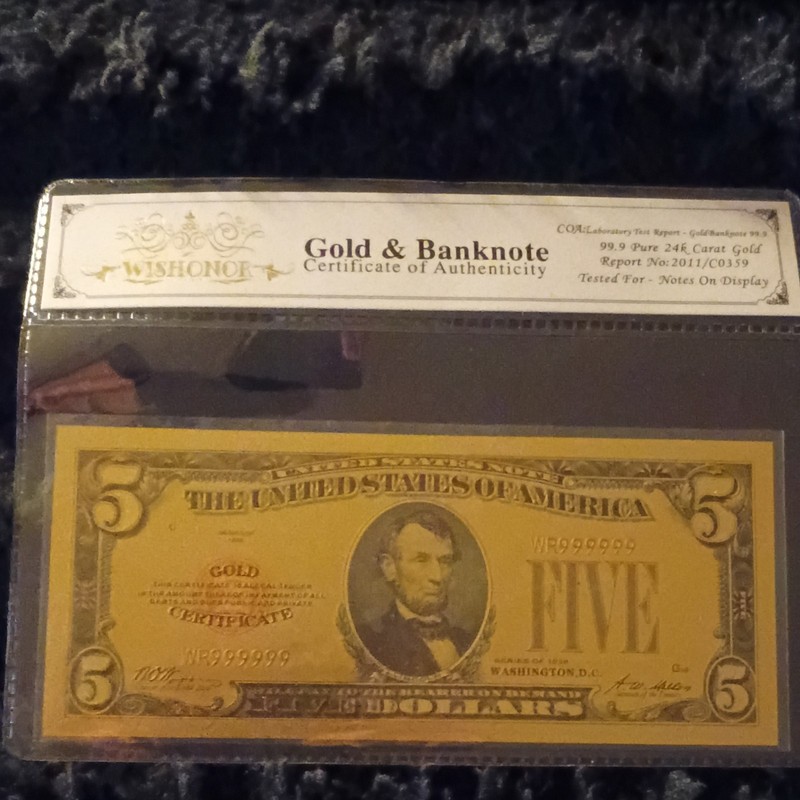24K 99.9 Gold $5 Novelty Banknote w/ Certificate Report No 2011/C0359