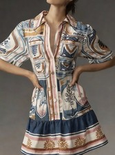 NWOT Farm Rio Linen Cerrado Stamps Short sleeve Mini Shirtdress Size L Pocket