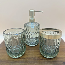 Vintage Style Green Glass Bath Set Dispenser Holder Tumbler 3-pieces