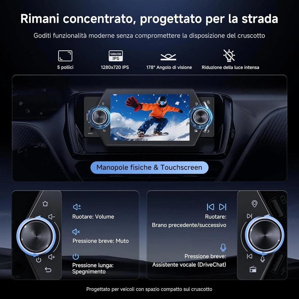 2G+32G Android Autoradio 1 Din CarPlay e Android Auto Senza fili 7'' WiFi/BT/USB - Immagine 2 di 4