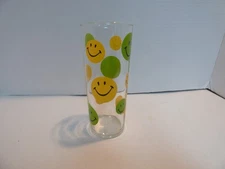 Vintage Green Yellow Smiley Face Tall  Drinking Glass Libbey Glass