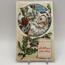 1911 Christmas Postcard Santa Claus Ringing Bell Reindeer Holly