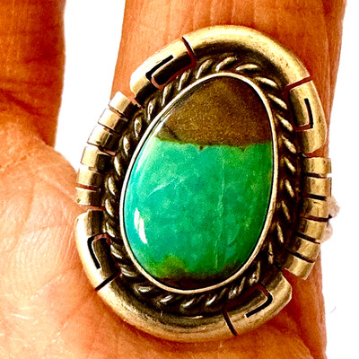 Navajo Sonoran Gold Turquoise Ring Sz 6 Sterling Signed Skeets Unique Stone
