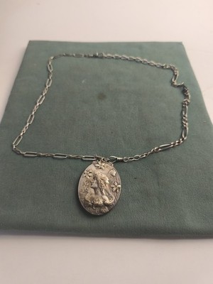 Alte Halskette aus versilbertem Metall und original Jugendstil Anhänger Spiegel