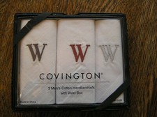 Covington 100 Cotton Valet Boxed Set of 3 MONOGRAMMED "W" HANDKERCHIEFS NIB 