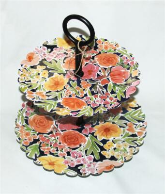 Shabby Floral Roses Enamel  Scalloped Edge Metal Loop Handle 2-Tiered Tray NEW