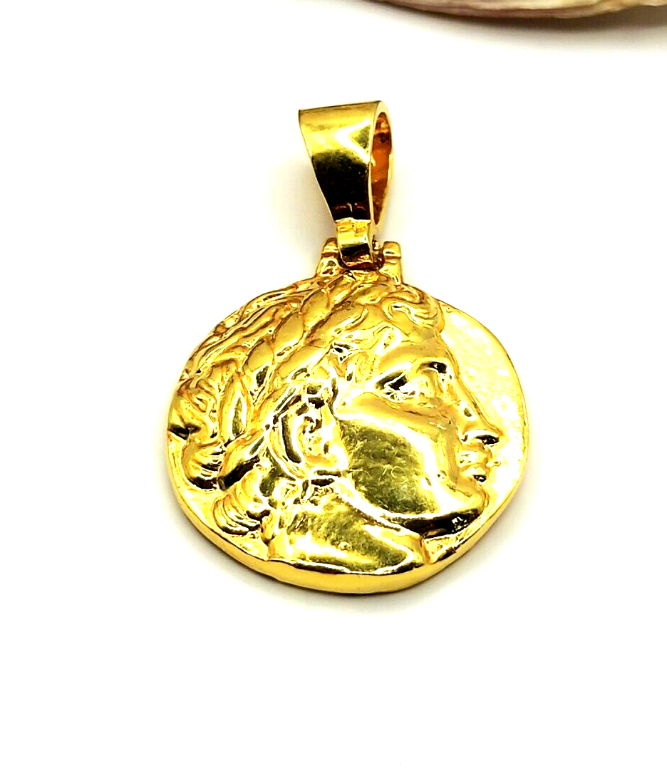 God Apollo Coin Sterling Silver 925 Gold Plated Pendant