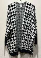 Chico’s Women’s L/XL Open Front Cardigan Black & White Windowpane Check
