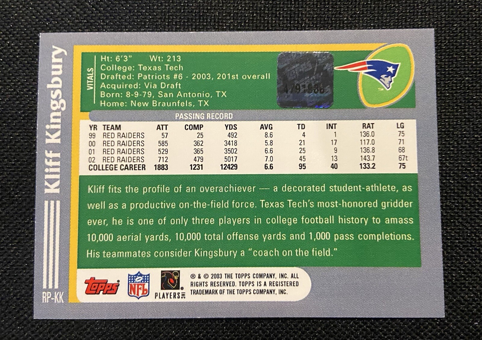 2003 Topps Rookie Premiere KLIFF KINGSBURY RC AUTO Rookie Autograph SP SSP HOLO