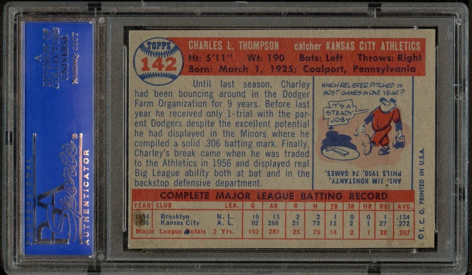 BB - 1957 Topps - #142 - Charley Thompson - PSA 8 - NM-MT - Image 2 of 2