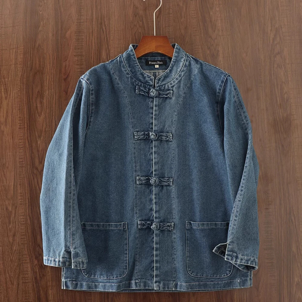 Men Denim Coat Tops Jacket Ethnic Frog Button Cardigan Chinese Retro Casual Coat