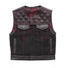 Men's Biker Vest Hunt Club Black Leather with Red Diamond Stitch and Red