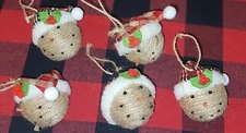 WINTER WONDER LANE RUSTIC COTTAGE SET OF 5 ROPE BALL SNOWMAN TREE ORNAMENTS 