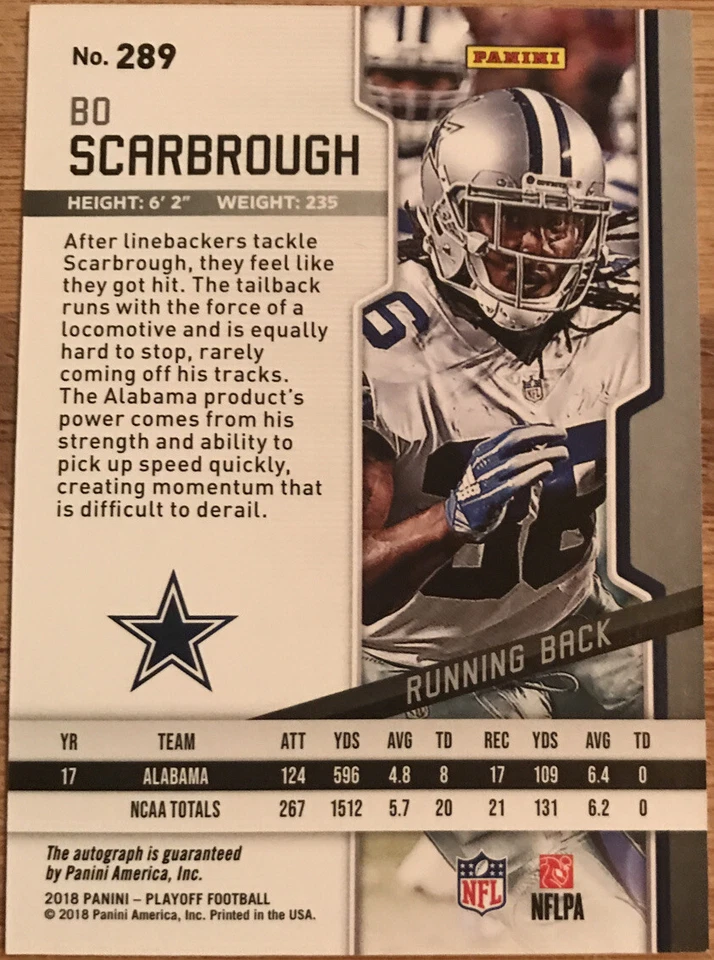2018 Playoff Rookie Autograph Bo Scarbrough #289 Dallas Cowboys - Image 2 of 2