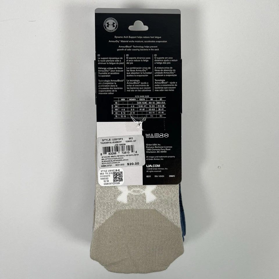 Calcetines Under Armour UA Phenom Training Crew (paquete de 3) para hombre 8-12 grandes azules NUEVO Foto 4 de 4