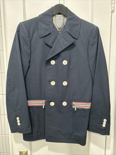 Men’s THOM BROWNE NAVY COTTON RUBBER PEACOAT SIZE 0 36