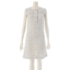Chanel White Tweed Coco Mark Pearl Button Sleeveless Tight Dress Pre-Owned