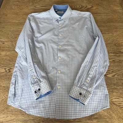 Duchamp London Mens Slim Fit Blue White Grid Check Button Down Shirt 16.5 L 42