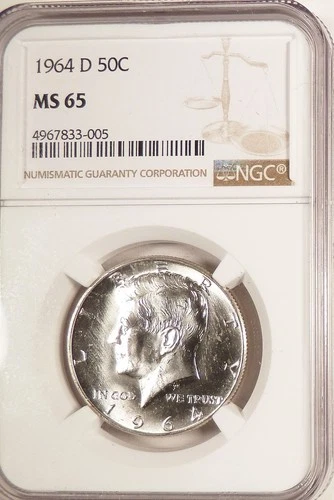 1964-D Kennedy Half Dollar NGC graded MS65,  Very Lustrous (005). 90% Silver.