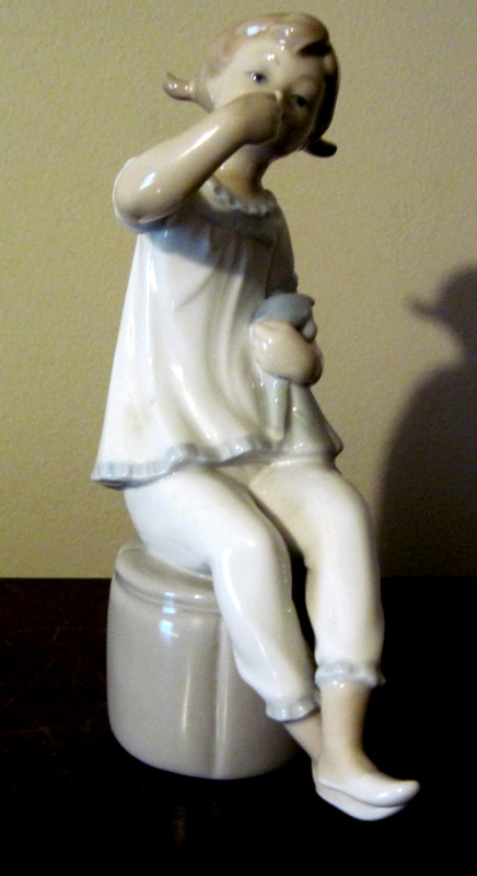 Lladro Figurine Girl with Tube of Lipstick Holding Doll Hand Made in Spain