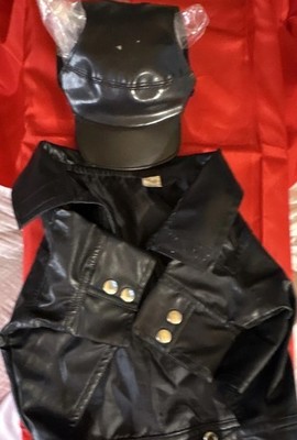 Black Faux Leather Jacket & Hat  Set Size 16/Doll, 2 tiny dots Hat See pic
