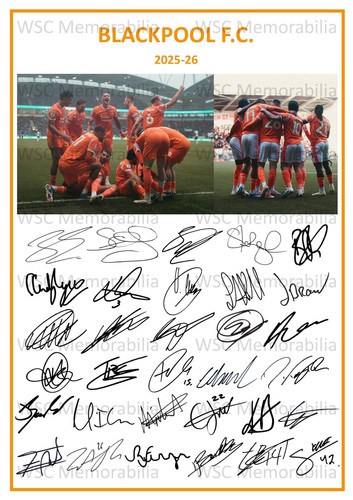 12240. 2025-26 Blackpool Signed Team Photo Sheet (PRINTED AUTOGRAPH - A4)