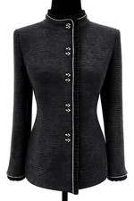 ST JOHN Evening Madarin Collared Jacket Sz 10 Black Velvet Chenille Embellished