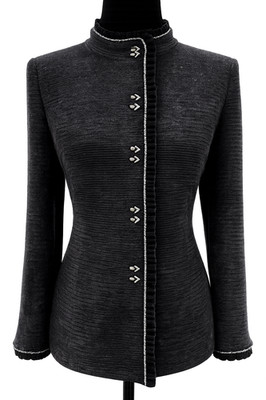 ST JOHN Evening Madarin Collared Jacket Sz 10 Black Velvet Chenille Embellished