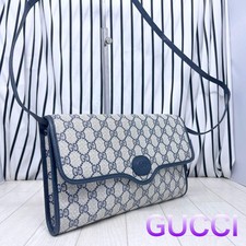 GUCCI GG Crossbody Shoulder Bag PVC Leather Navy Flap Vintage Logo From Japan
