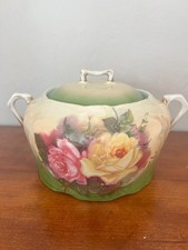 Antique Hand Painted German Covered Sugar Bowl Floral 5 x7 inches