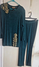 Vintage Picadilly Fashions Green with Gold Slinky Pantsuit Size M/L 3