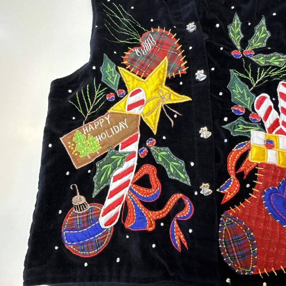 Vintage Embroidered Christmas Vest CARRIE ALLEN Medium Stocking Angel Holly Star - Image 3 of 4