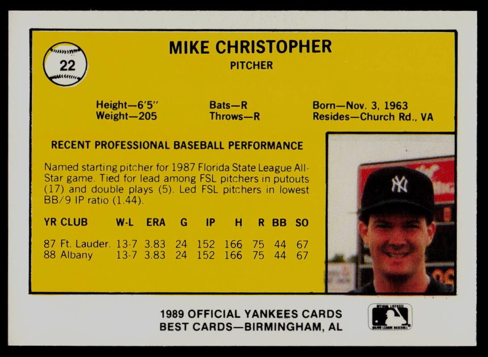 1989 Best Mike Christopher Albany-Colonie Yankees - Image 2 of 2
