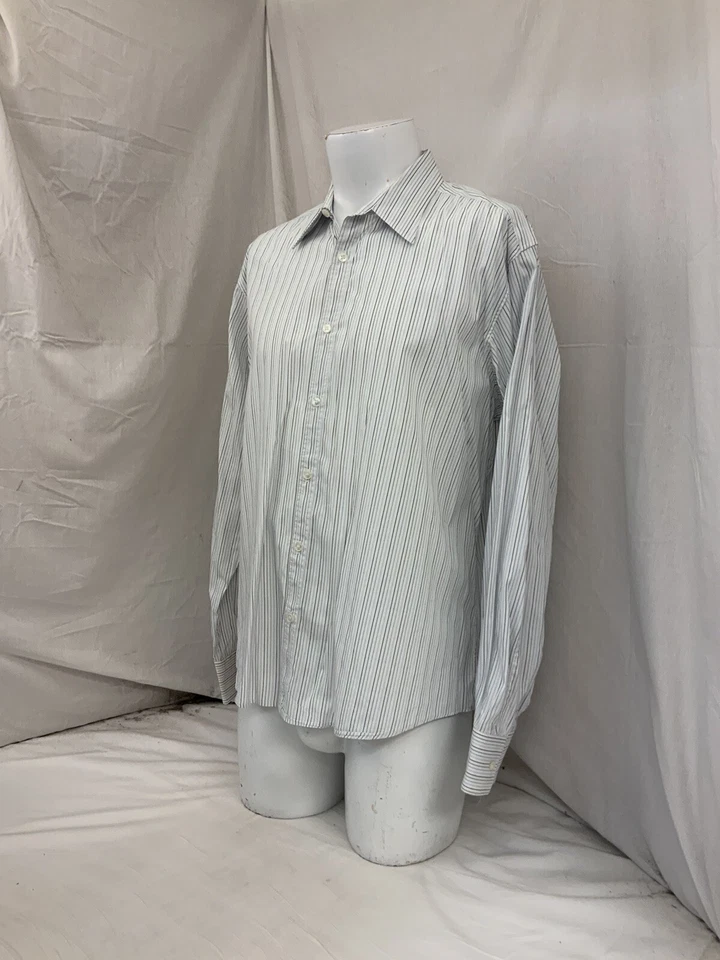 Camisa de Vestir Zegna 17.5 34/35 Blanco Negro Azul Rayas Mezcla de Algodón YGI O2-306 Foto 4 de 4