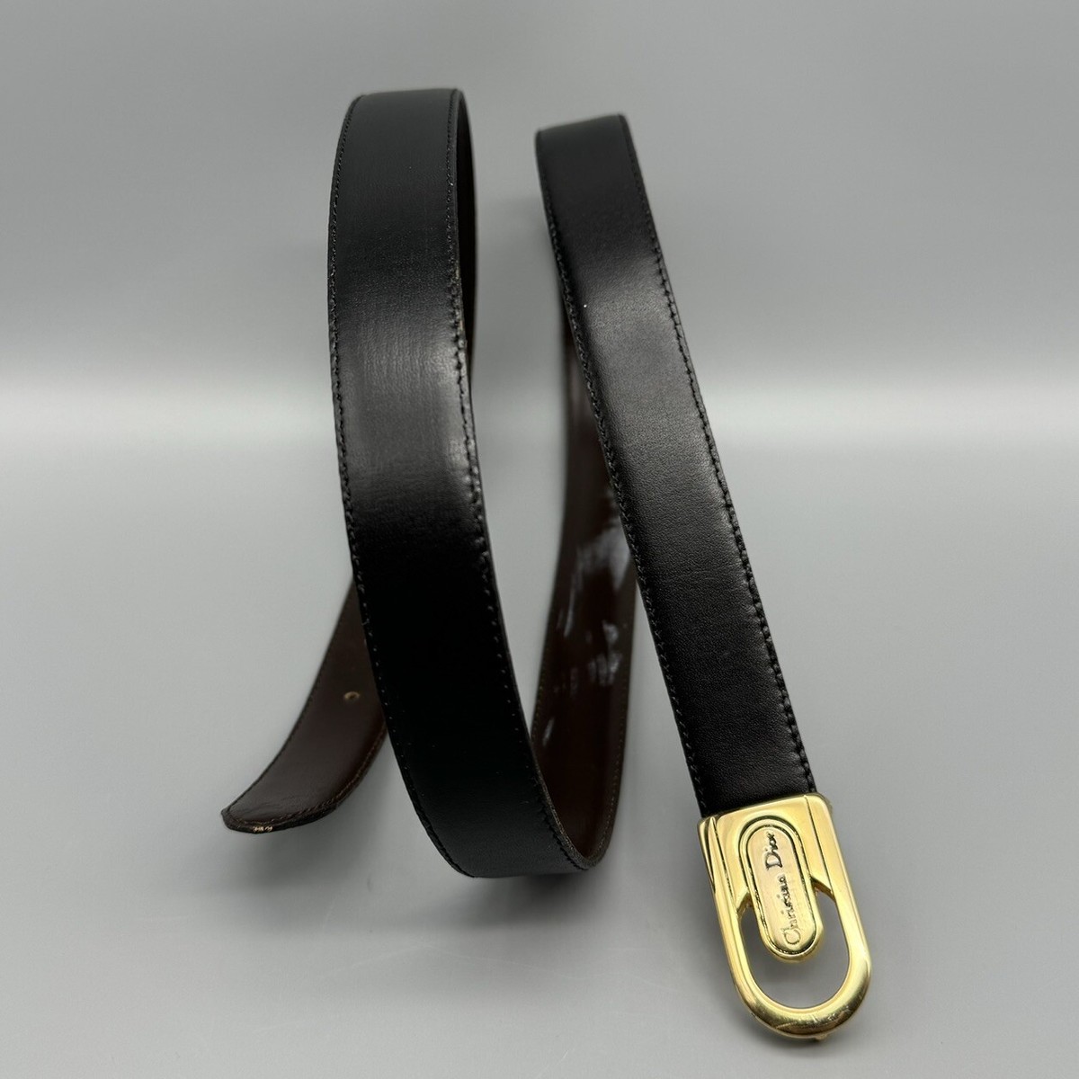 Vintage Christian Dior Logo Buckle Black Leather Skinny Belt