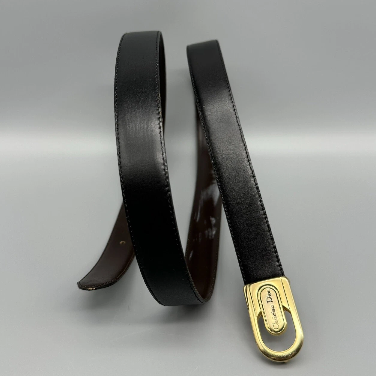Ceinture skinny vintage Christian Dior logo boucle cuir noir unisexe taille 40