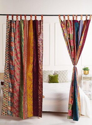 Silk Pachwork Curtain インドサリー　#A22 シングル 2 Pcs Indian Sari Patchwork Curtain Drape Window Decor Multi Silk