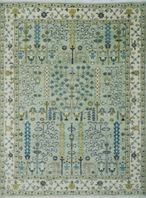 Hand Knotted Light Green Ivory Oushak Traditional Turkish Tree of Life Rug 9x12