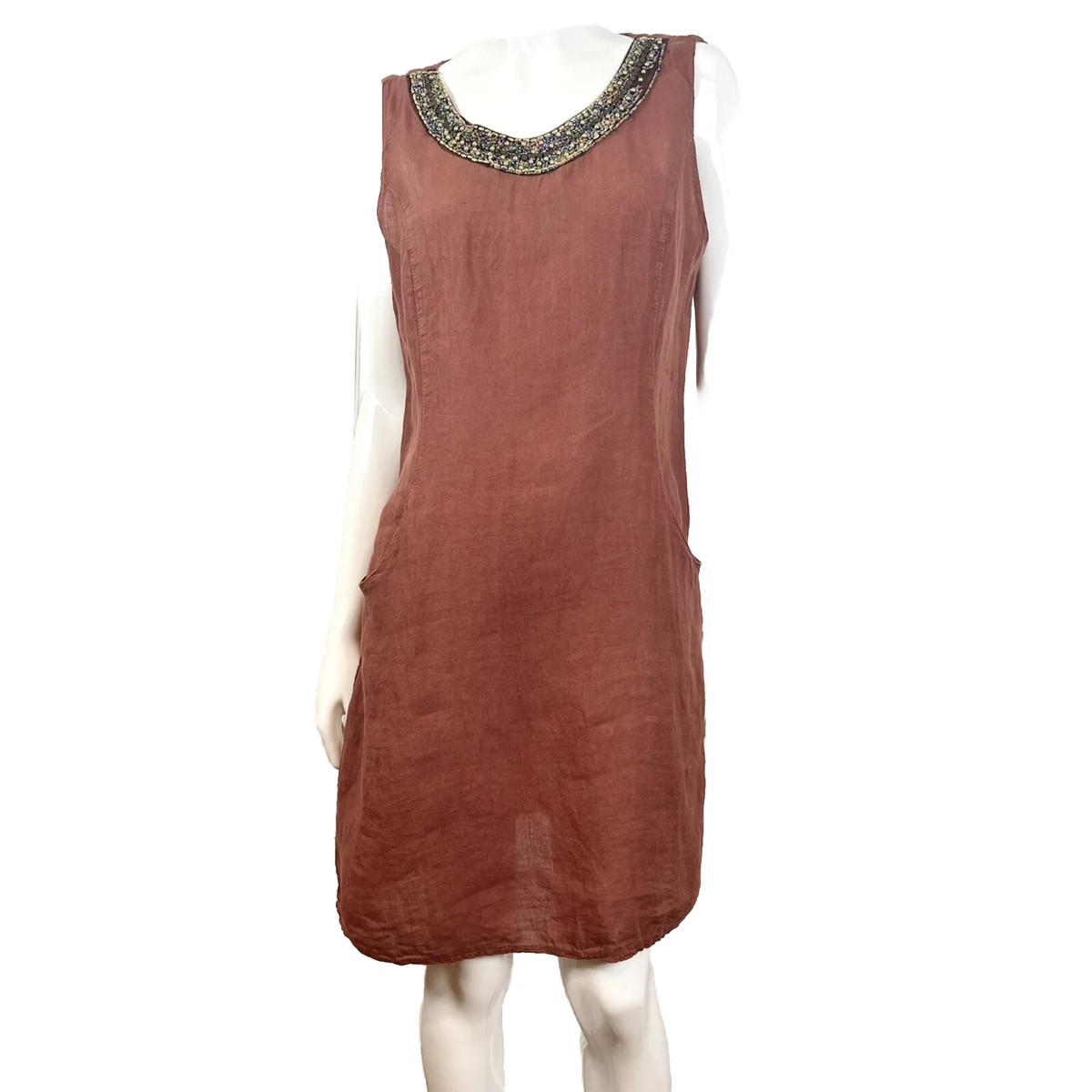 chinese dress ladies Sleeveless White Linen Weave Rayon Shift Dress with Blue and White Beaded Trim Circa 1960s main image 1