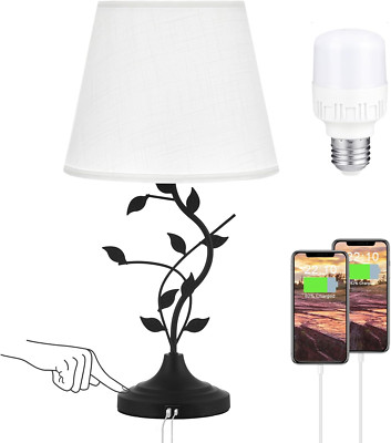 USB Touch Table Lamp Bedside Lamp with USB C Charging Ports for Living Room, Whi