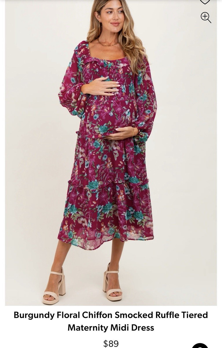 Pink Blush Floral Ruffle Maxi Dress Maternity L Long Sleeve Burgundy Blue |  eBay