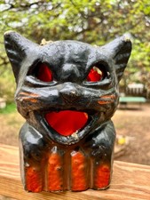 VINTAGE Paper Mache BLACK CAT on Fence HALLOWEEN LANTERN